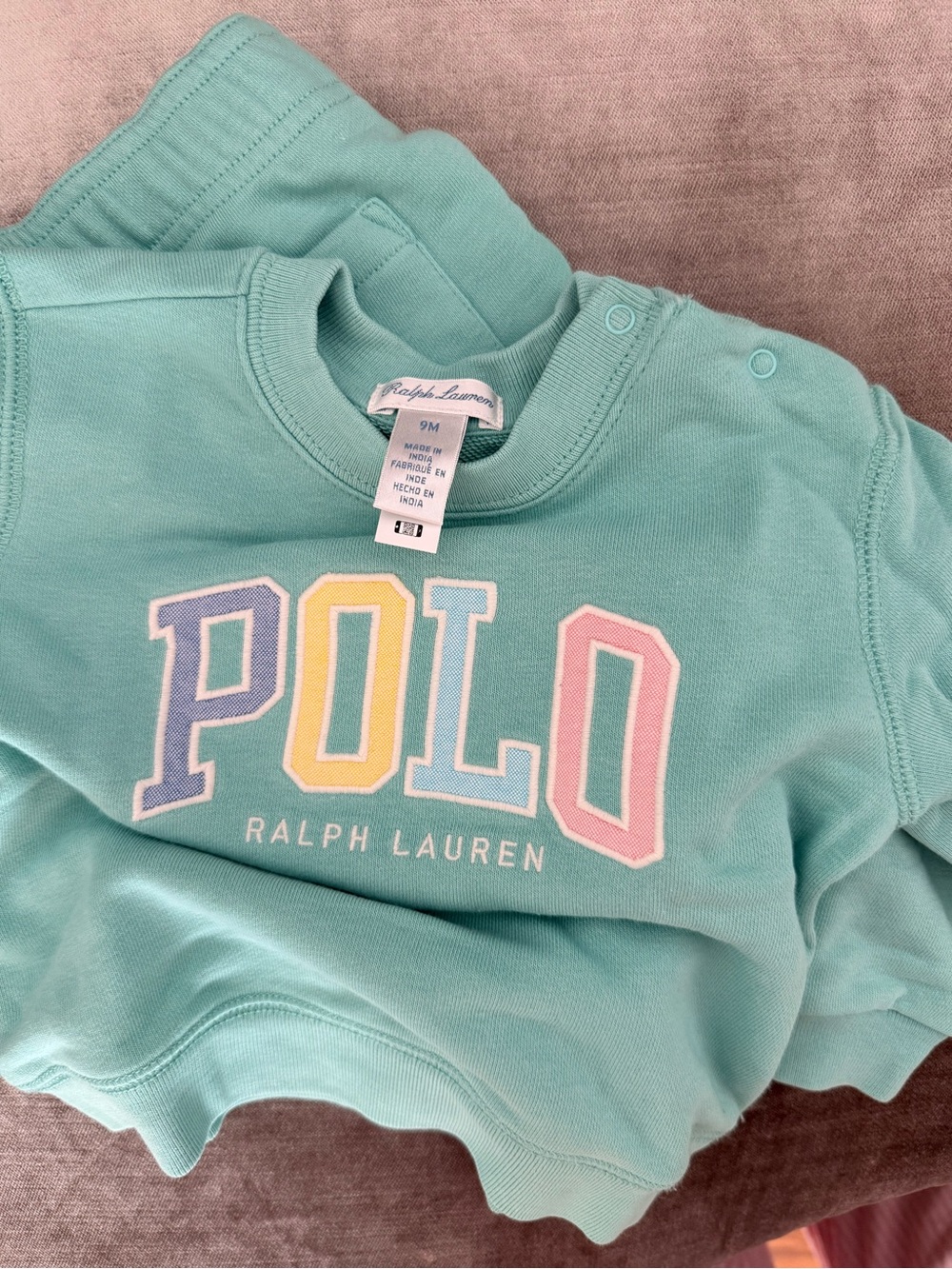 Ralph Lauren Mint Green Kids POLO Logo Sweatshirt with Pastel Letters